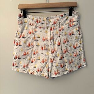 Cynthia Rowley White Linen Shorts with Red & Yellow Allover Sailboat Print